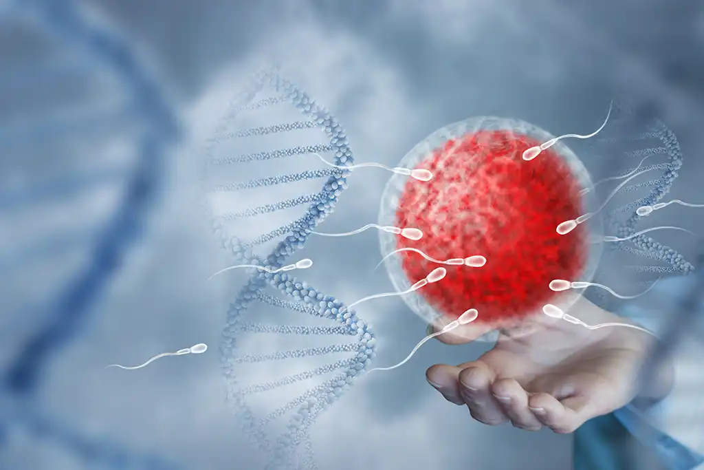 A hand reaching toward a large, red human egg cell surrounded by sperm, with DNA double helix strands in the blurred blue background, representing fertility and genetics through the lens of science.