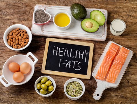 A variety of foods rich in healthy fats—including salmon, avocados, almonds, eggs, olives, seeds, olive oil, and a small glass of milk—are displayed around a chalkboard with “HEALTHY FATS” written on it for weight loss.