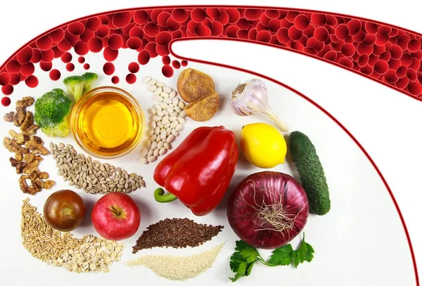 Eating for vascular health. Eating without cholesterol, with healthy fats and fiber. Omega-3, vegetables, fruits, greens, seeds, nuts, seeds, grains, oils, broccoli legumes figs Isolate on white